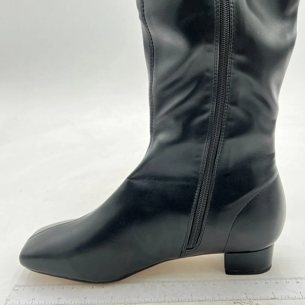 Black Women Stylish Square Toe Block Low Heel Side Zipper Knee High Riding Boots